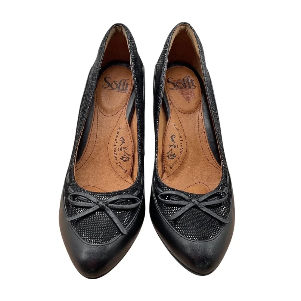 Sofft Womens Black Leather Textured Bow‎ Accent Almond Toe Pumps Heels Size 8 M